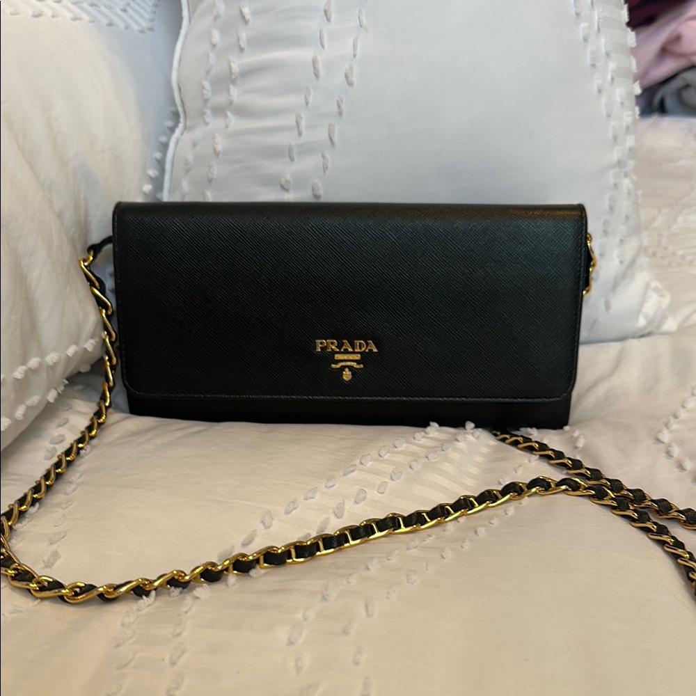 Prada Black and Gold Saffiano Leather Clutch